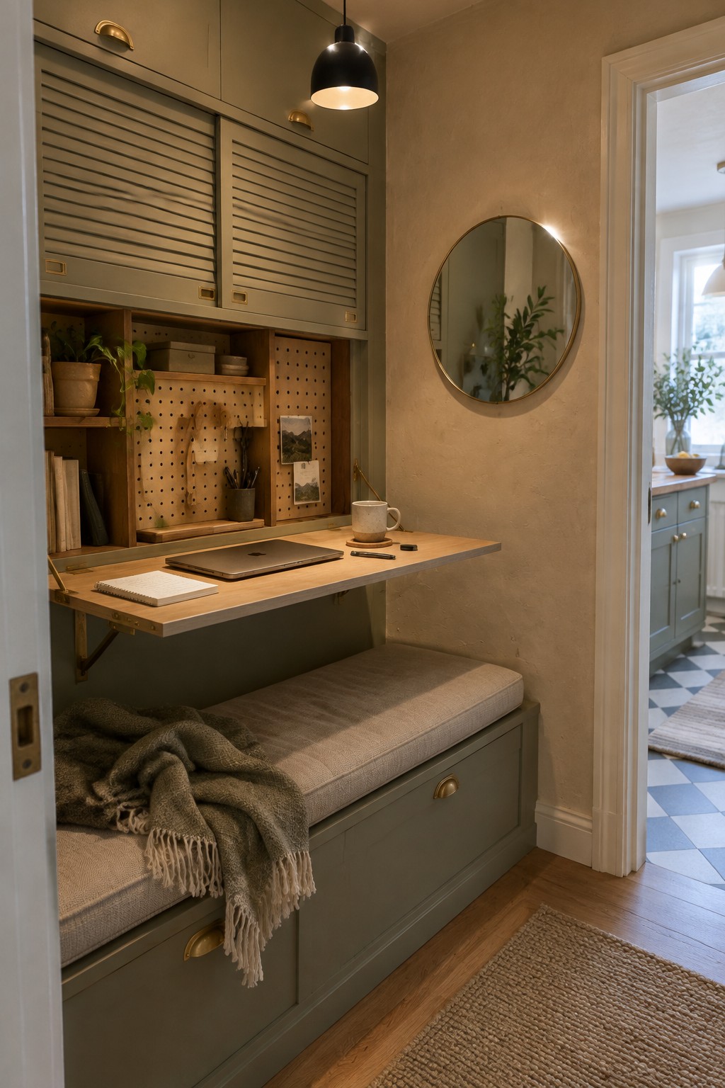 A compact built-in home office nook with a fold-down wooden desk, upholstered storage bench, pegboard, and sage green cabinets.