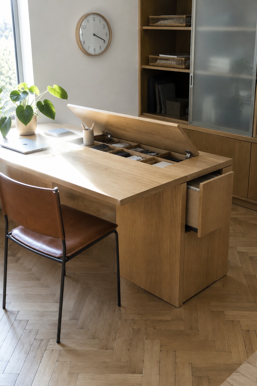 A light wood desk with the lift-top compartment open to show divided storage sections and a side file drawer pulled out, placed beside a brown leather chair in a home office.