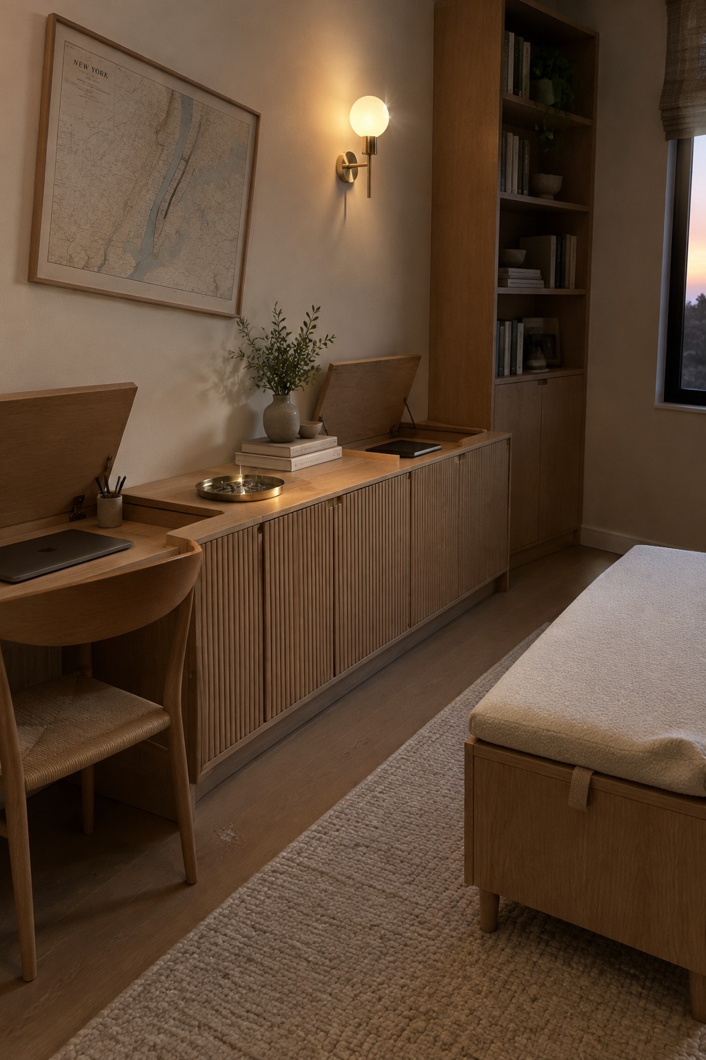 A minimalist wooden home office featuring a lift-top desk, long fluted storage cabinet, wall sconce, framed map, and cushioned bench on a textured rug.
