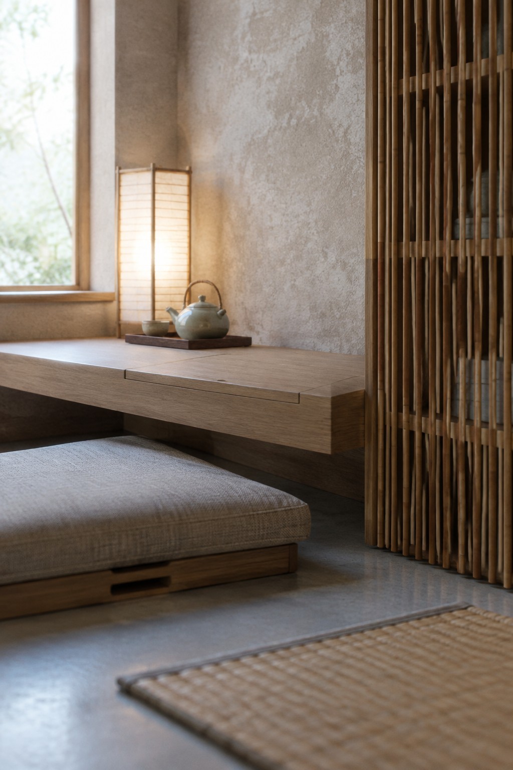 Minimalist Japanese room with wooden ledge, lit lantern, teapot, gray cushion, and bamboo screen