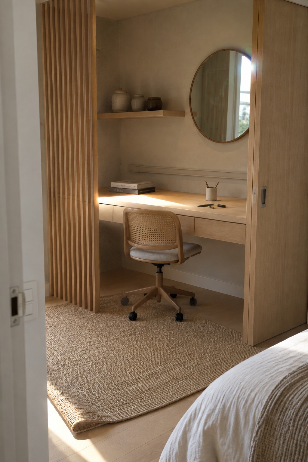 A light wood built-in desk with drawers sits in a recessed nook, partially enclosed by vertical wood slats on one side and a sliding panel on the other, with a woven office chair on a jute rug.