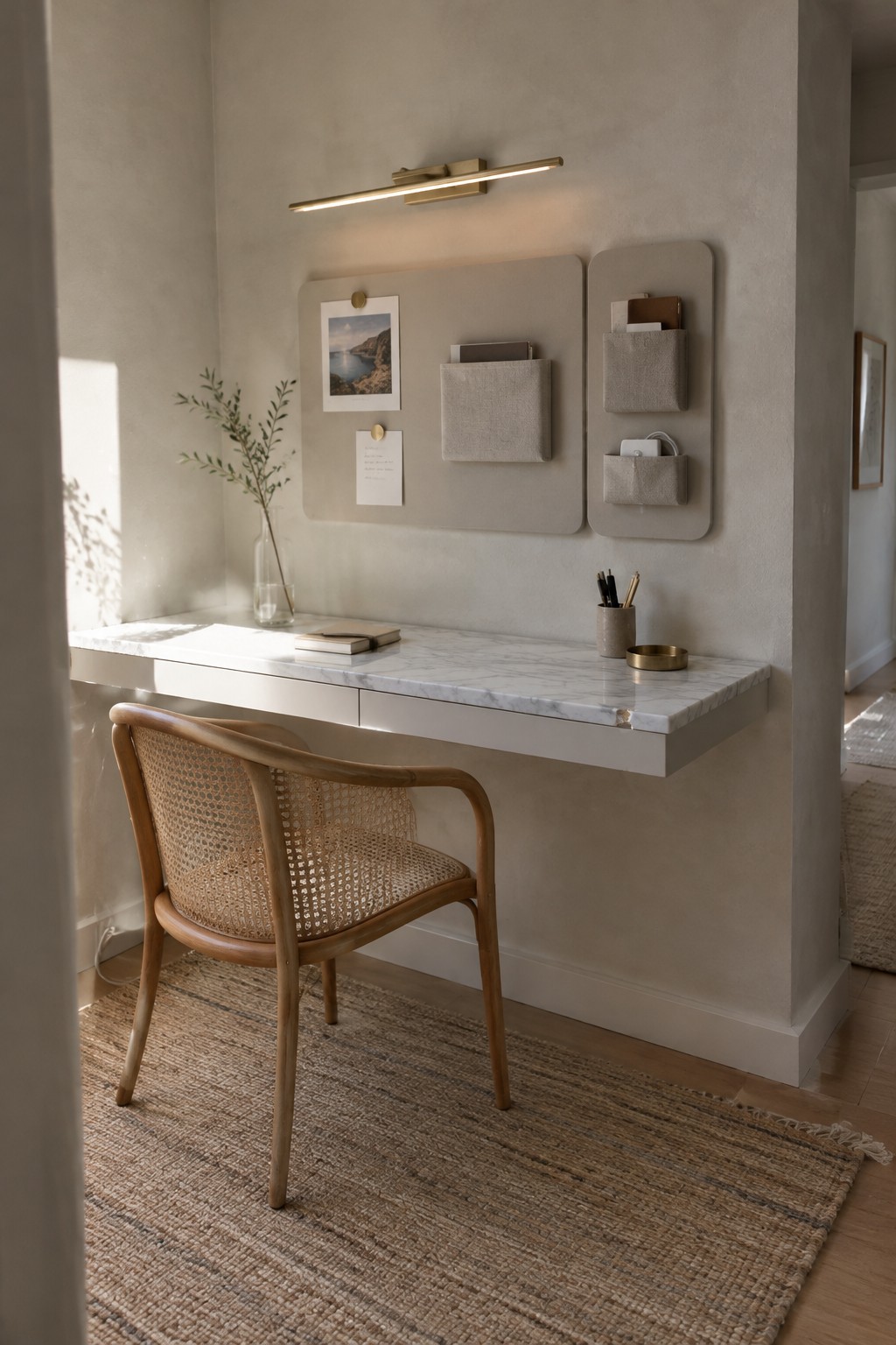 Minimalist floating marble desk with cane-back chair, wall pockets, and brass light.