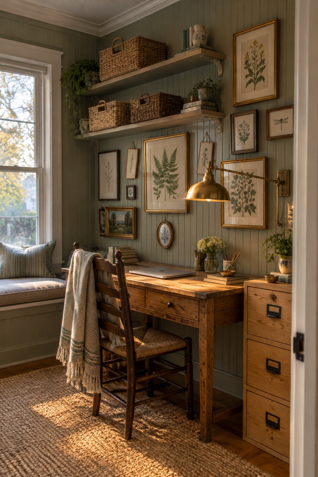 A wooden desk and chair sit in front of a sage green wall covered with framed botanical prints and illustrations, with wooden shelves holding baskets above the desk.