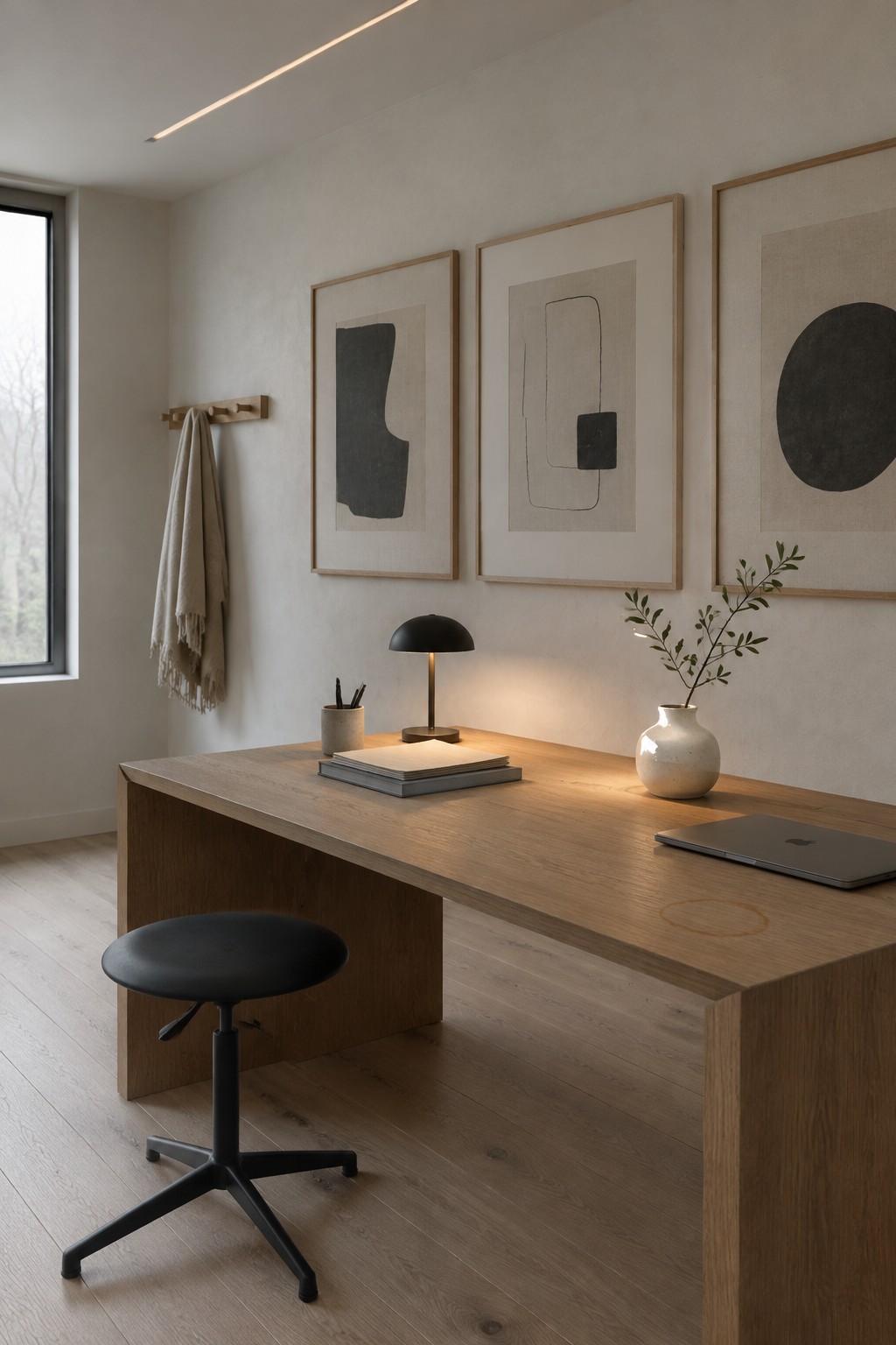 Minimalist oak desk with black stool, laptop, lamp, vase, and three abstract artworks on wall
