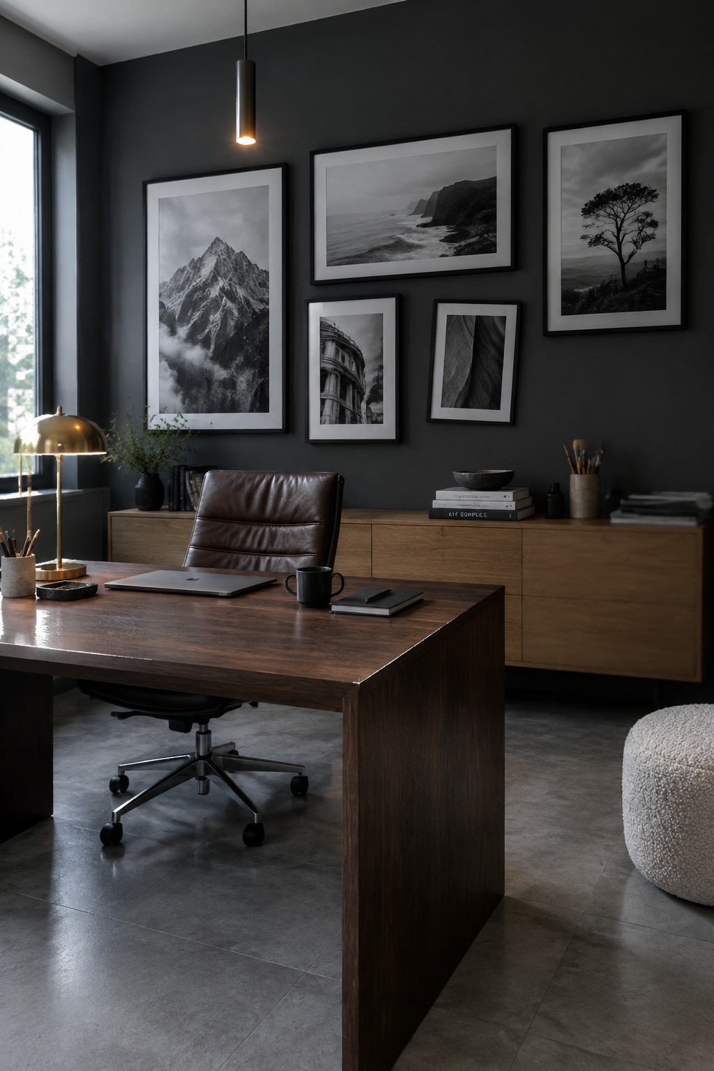 A home office featuring a dark gray wall with six framed black and white photographs arranged in a gallery above a wooden desk.