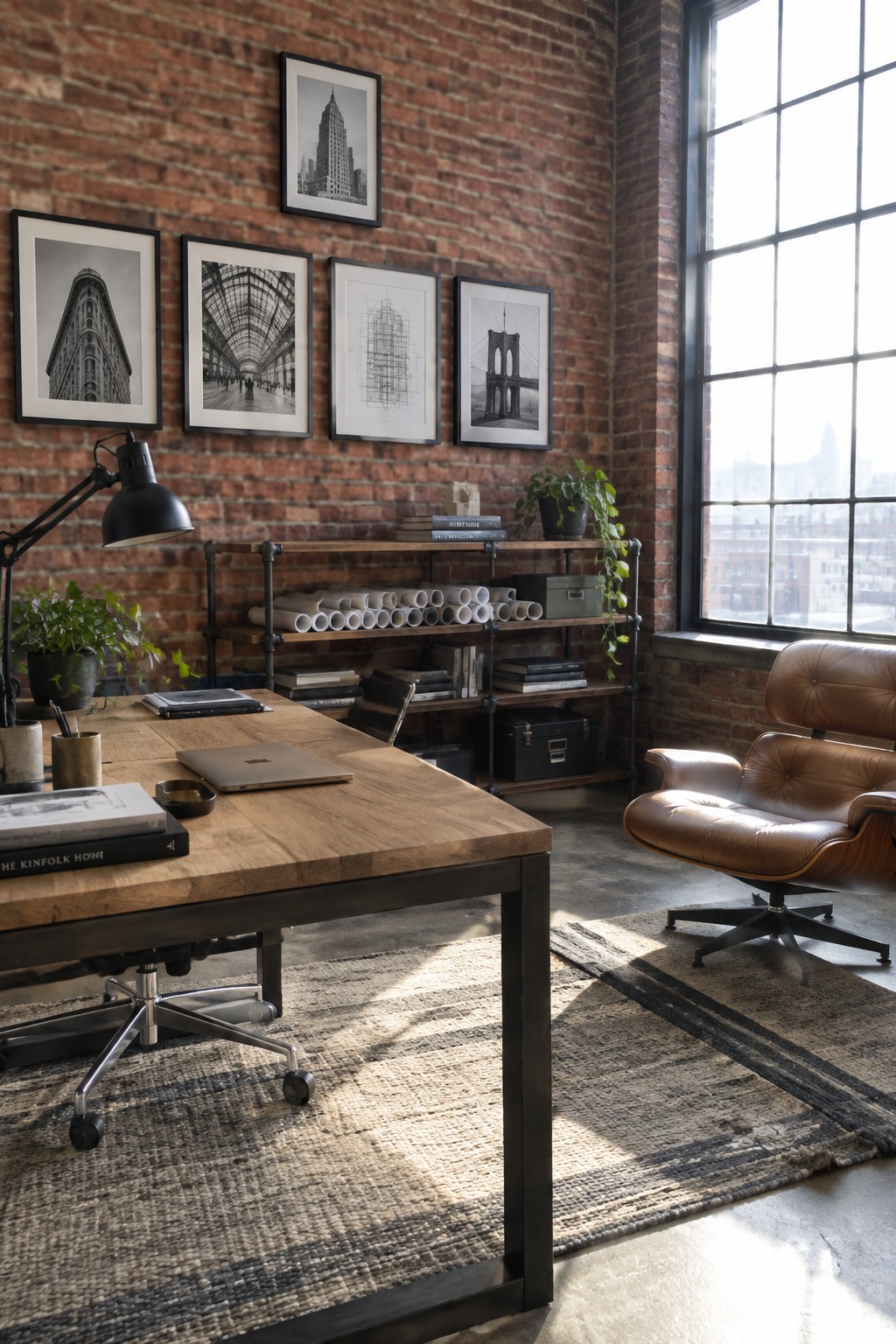 A home office features a wooden desk with a laptop in front of a red brick wall lined with four black-and-white framed architectural photographs, a leather lounge chair nearby, and industrial pipe shelving holding books and rolled papers.