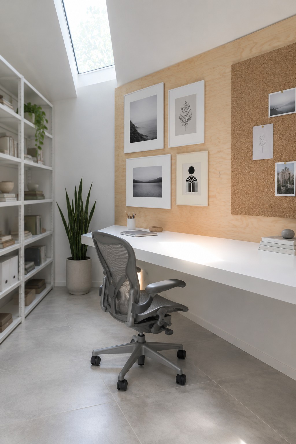 A home office shows a white desk and gray chair facing a gallery wall with framed black and white prints arranged beside a large corkboard panel on a light wood wall.