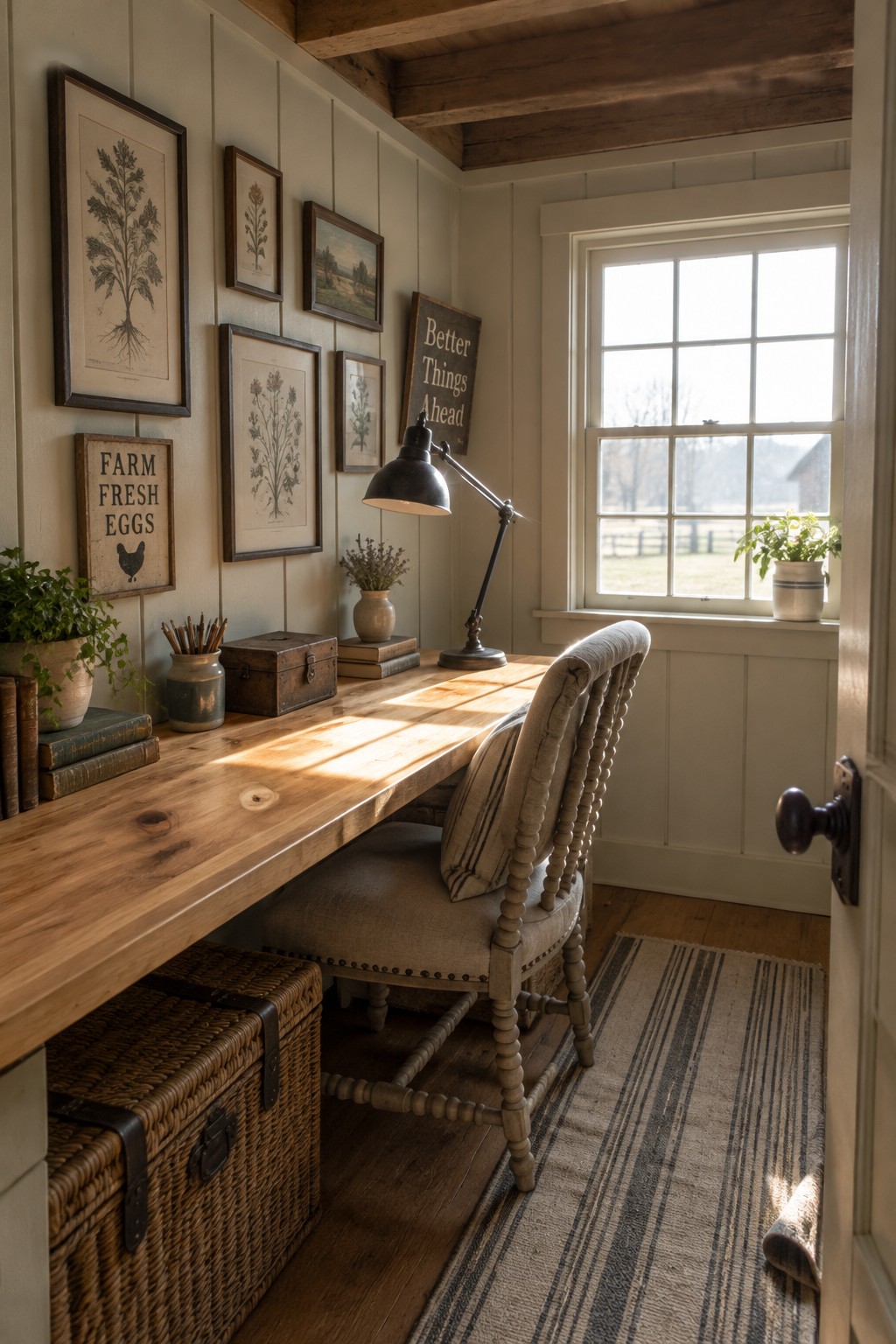 A wooden desk with a spindle-back chair is positioned under a wall display of framed botanical prints and signs in a room with white wainscoting and a window on the right.