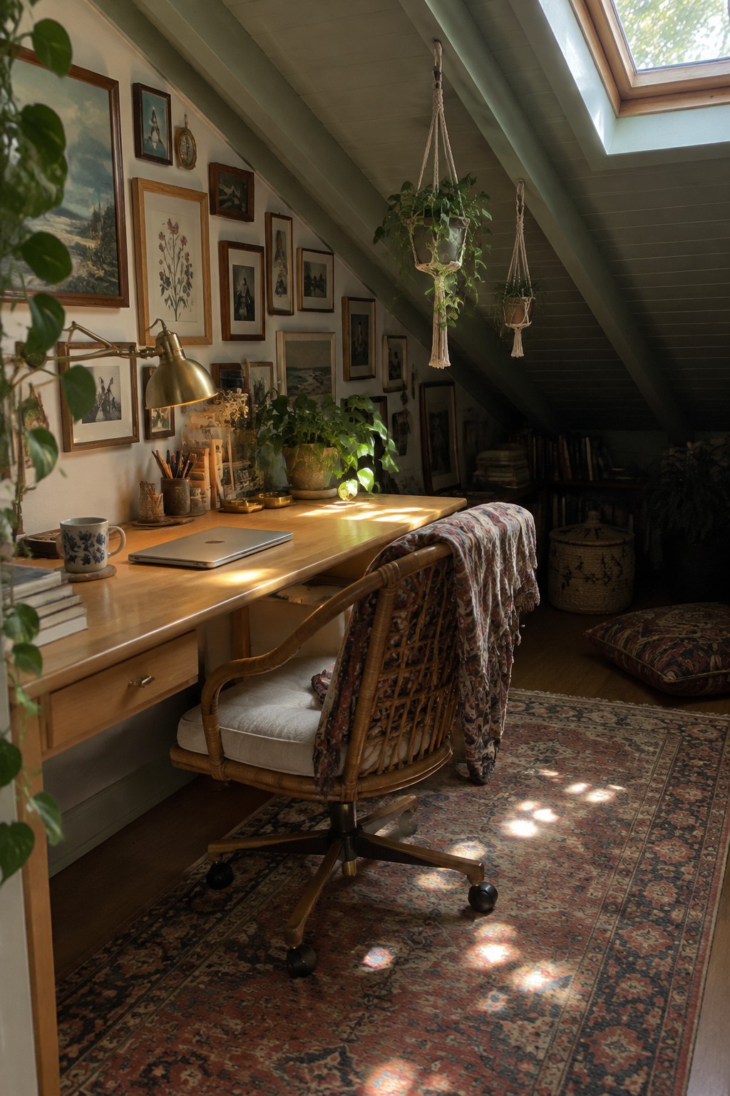 Cozy attic workspace with wooden desk, wicker chair, gallery wall, and hanging plants.