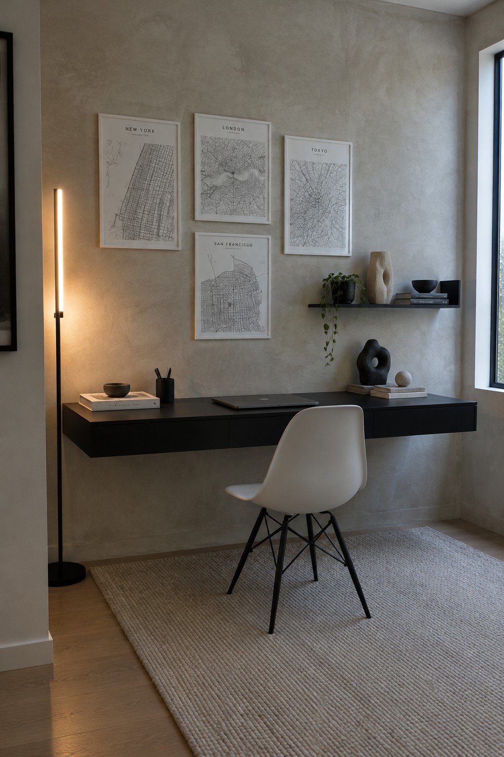 Four framed black and white city maps hang above a black floating desk with a white chair in a minimalist home office.