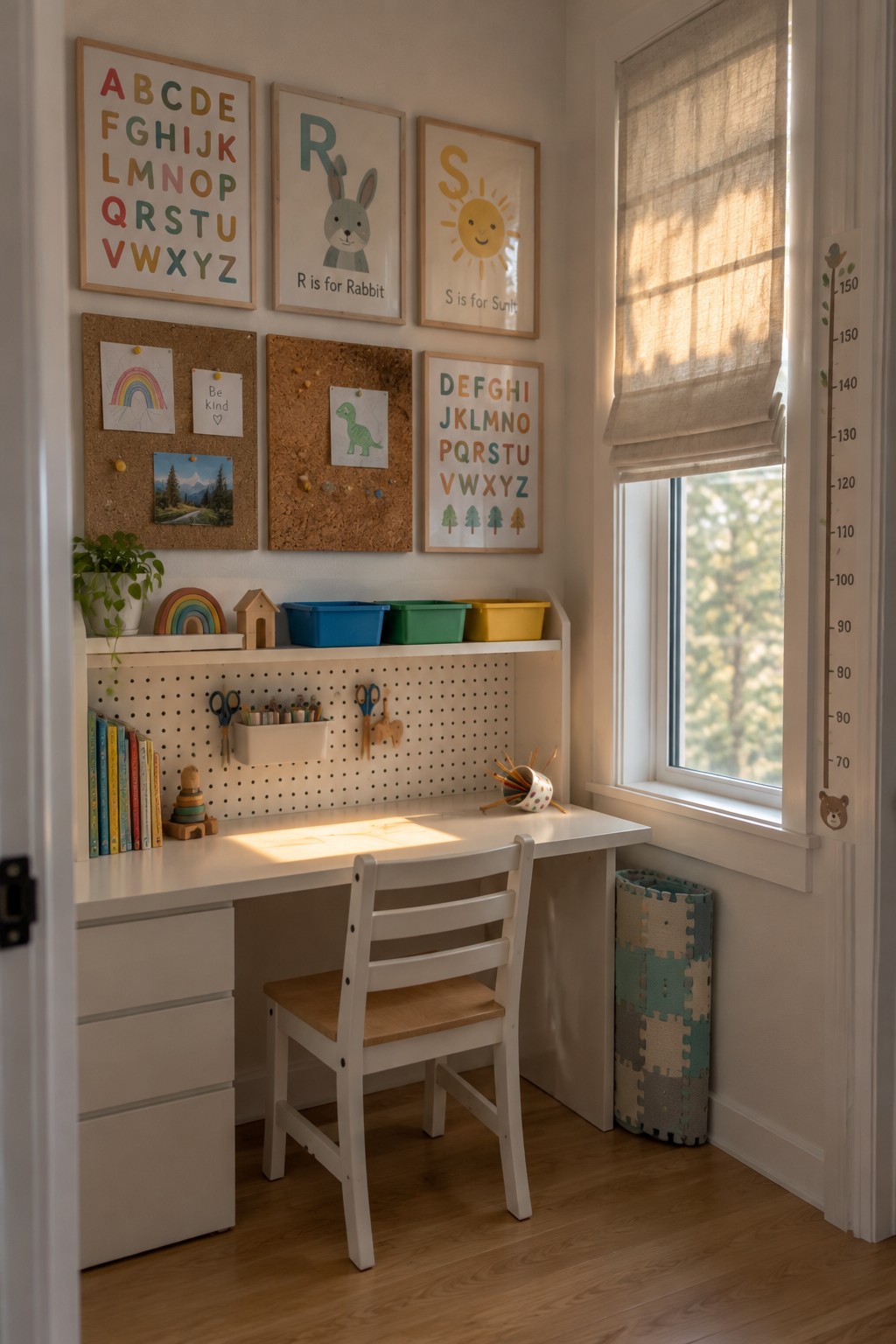 White children's desk with chair, alphabet posters, pegboard, and sunlit window.