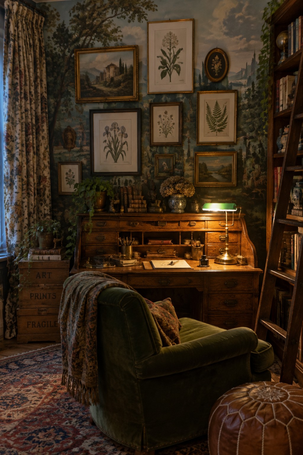 A wooden desk sits against a wall covered in multiple framed botanical prints and small landscape paintings, with a green velvet chair positioned in front.
