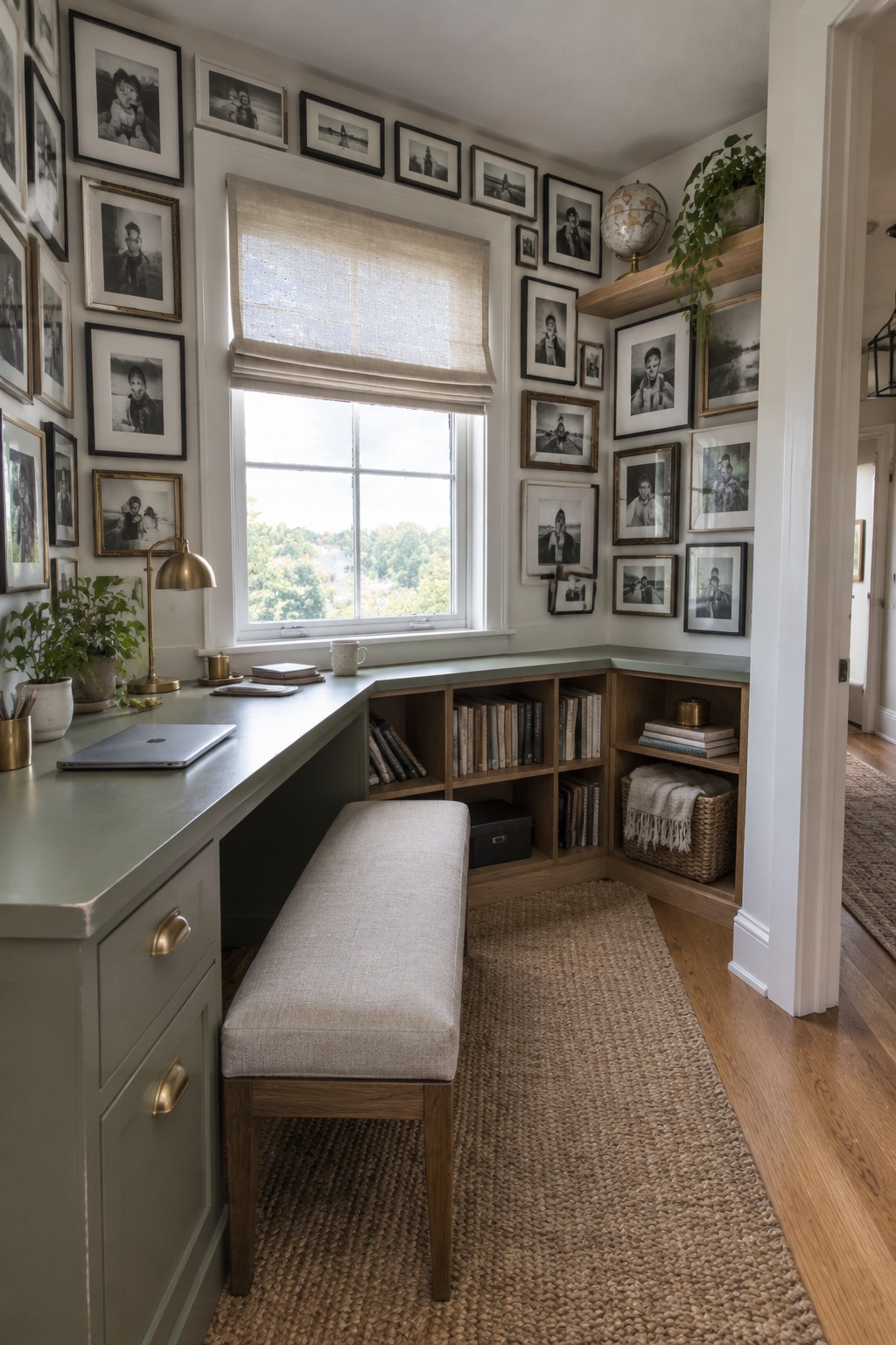 Cozy corner nook with sage green desk, wooden bench, photo gallery wall, and window view.