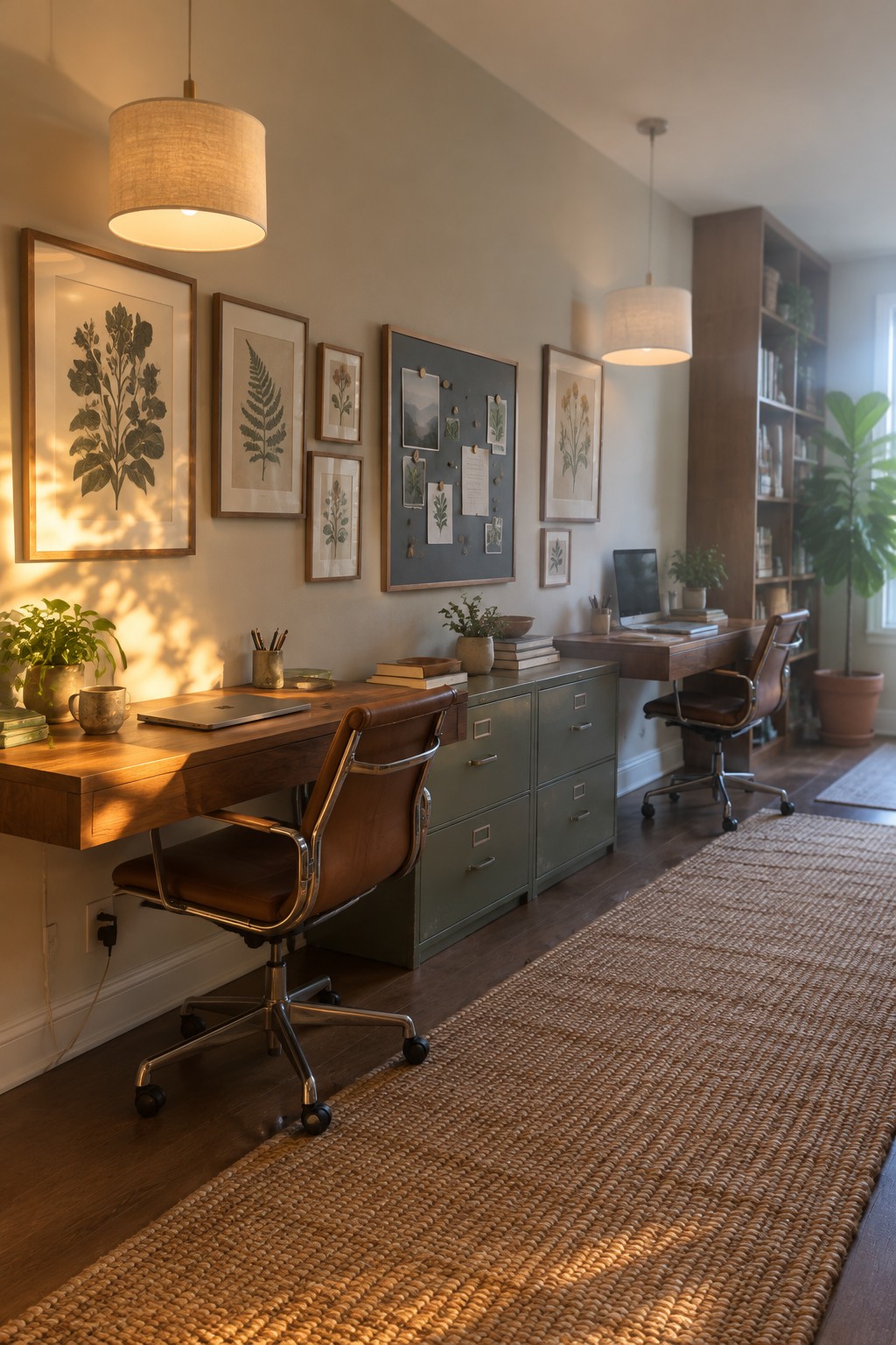 A home office with two wooden desks along a wall, brown leather office chairs, and a gallery wall featuring framed botanical prints arranged around a central blue-gray bulletin board.
