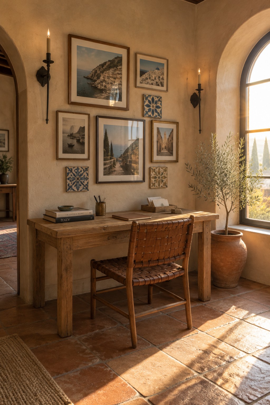 A wooden desk and woven leather chair sit in front of a gallery wall with framed photos and decorative tiles on a terracotta floor.
