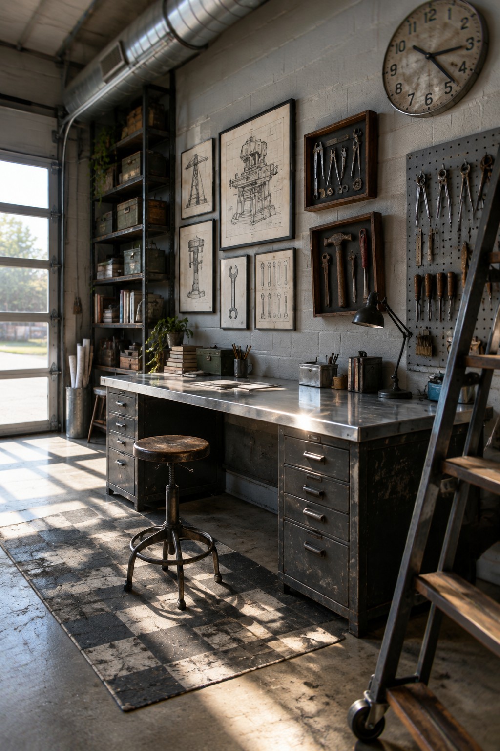 An industrial-style home office with a large metal desk, framed mechanical drawings on the wall, a pegboard of tools to the right, and a rolling wooden ladder in the foreground.