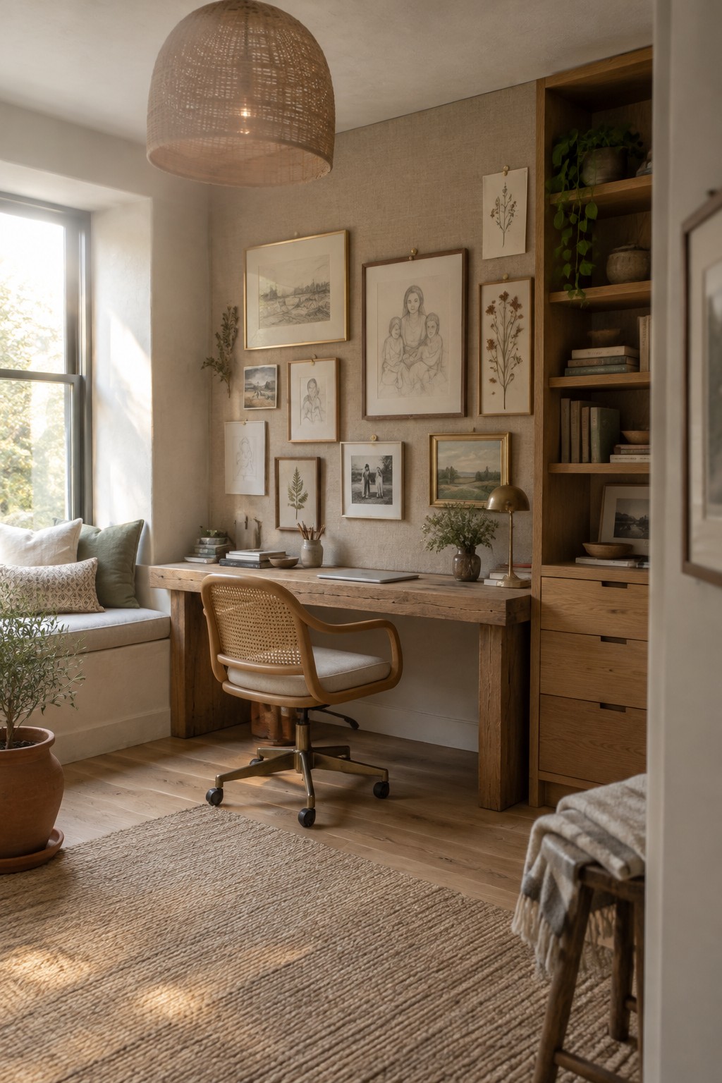 A wooden desk with a woven chair sits in front of a wall displaying multiple framed artworks including sketches, photos, and botanical prints.