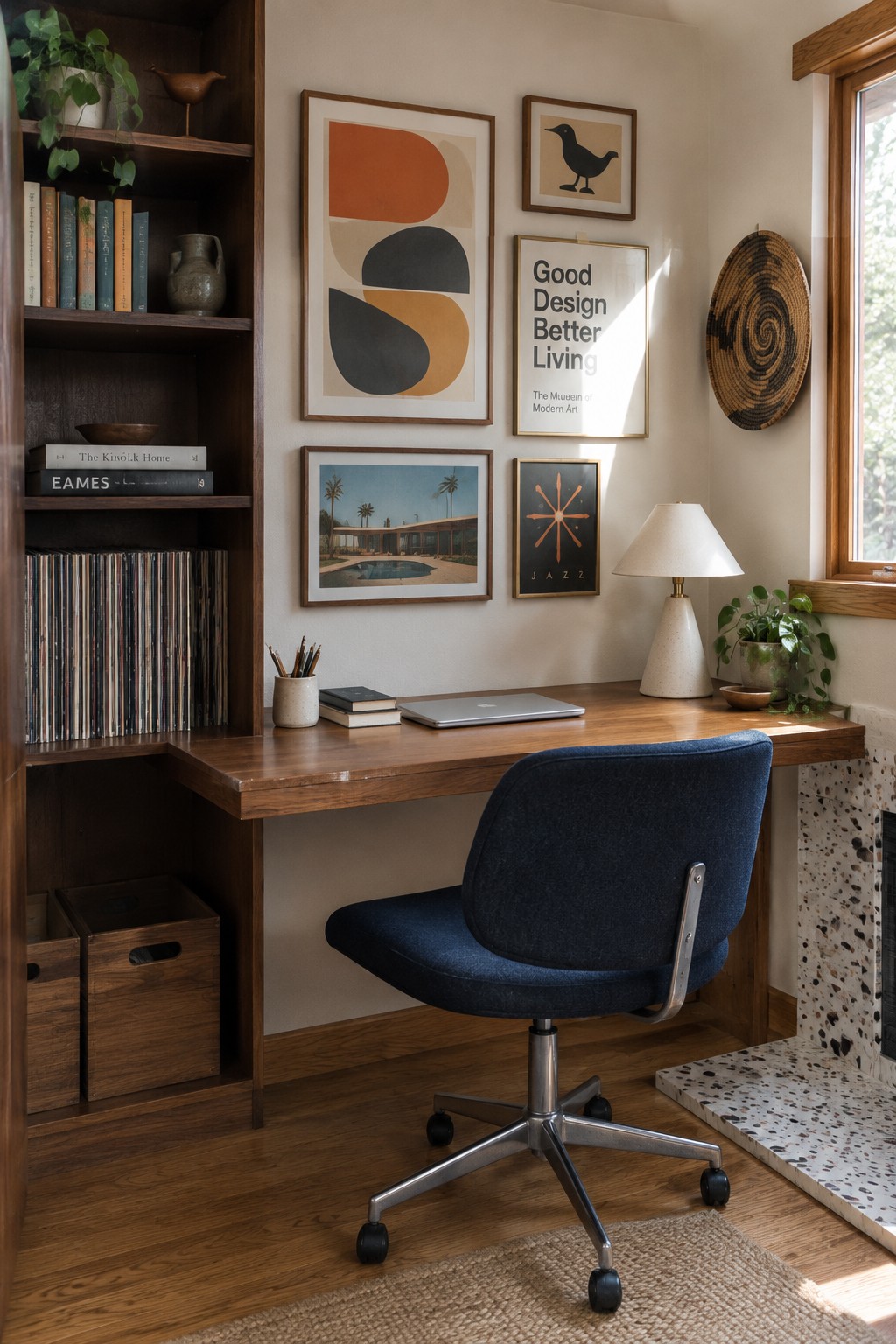 Modern wooden desk with blue swivel chair, laptop, books, and mid-century wall art.