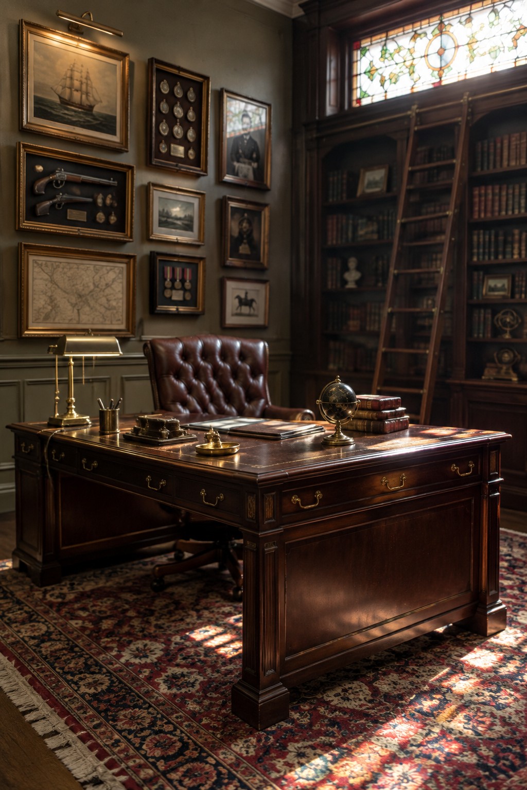 A wooden desk sits in front of a gallery wall displaying framed artwork, medals, photographs, and display cases in a home office with bookshelves nearby.