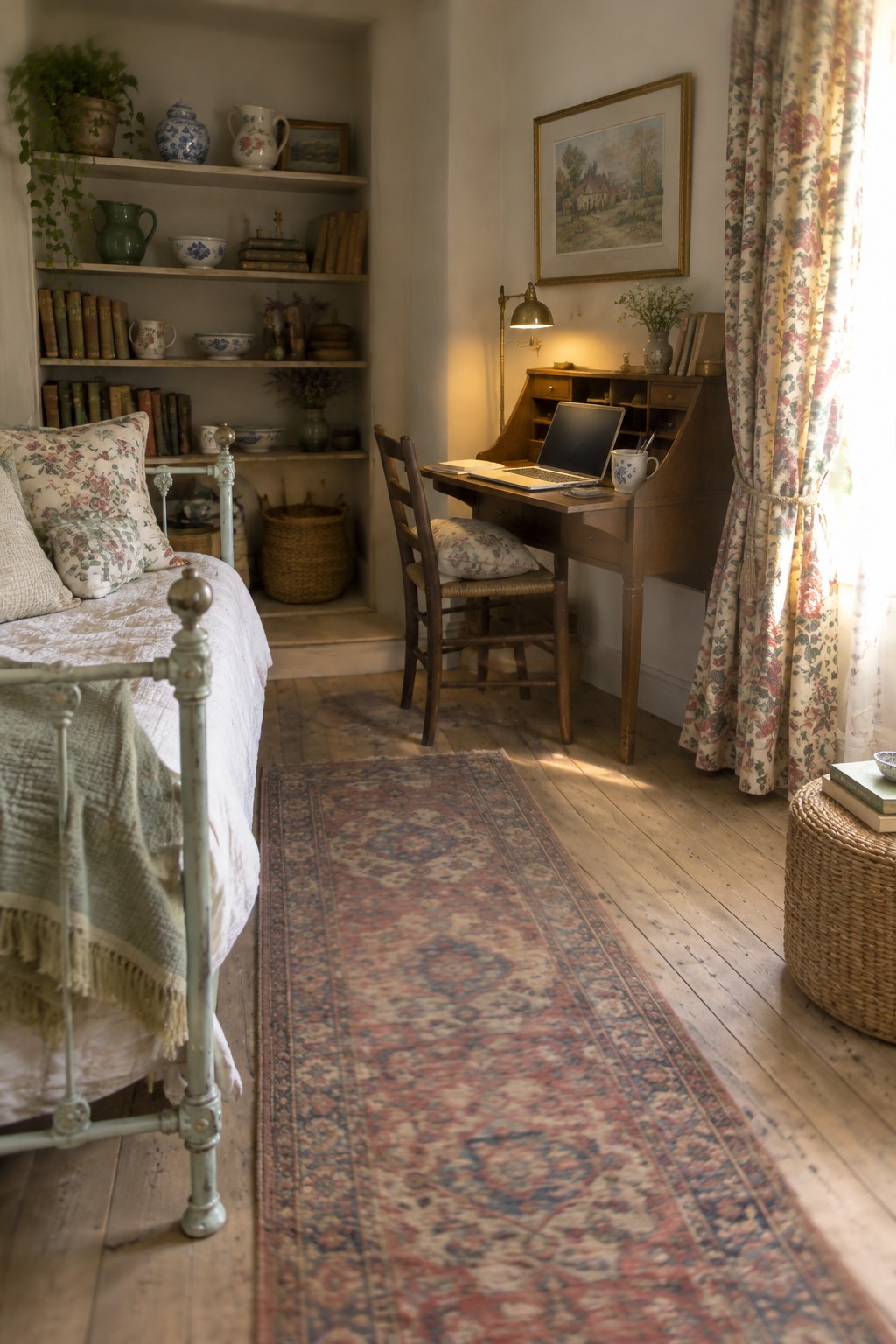 Cozy vintage bedroom with metal bed, wooden desk, laptop, bookshelves, and floral rug.