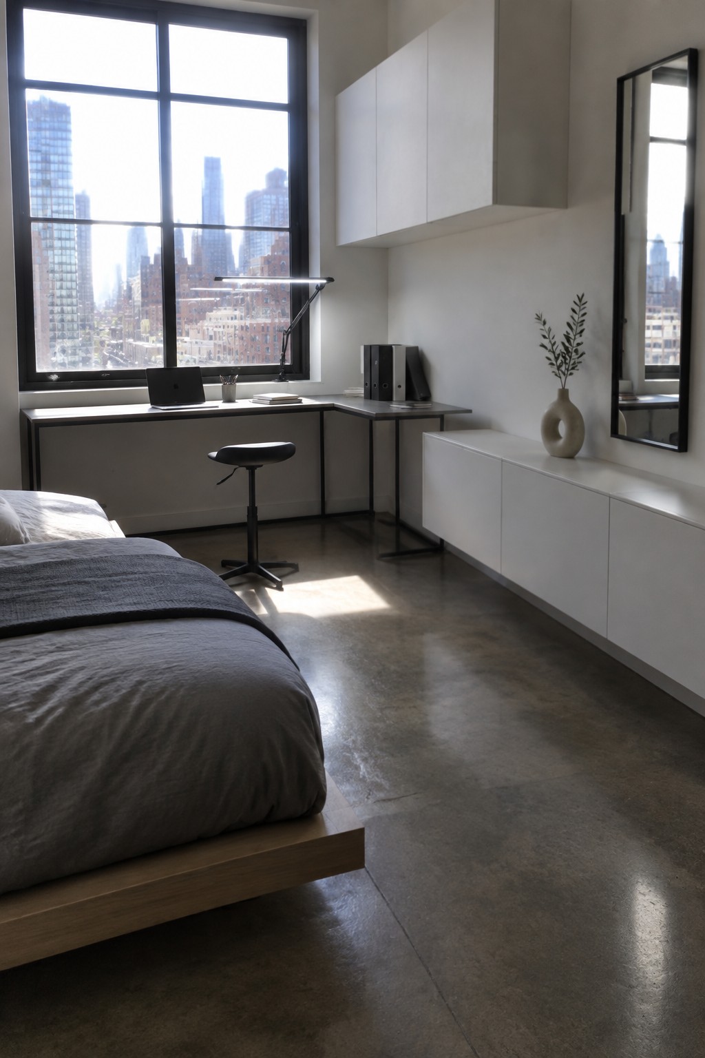 A bedroom interior showing a low wooden bed in the foreground and a desk with laptop, black task lamp, and stool positioned under a large multi-pane window with a city view.