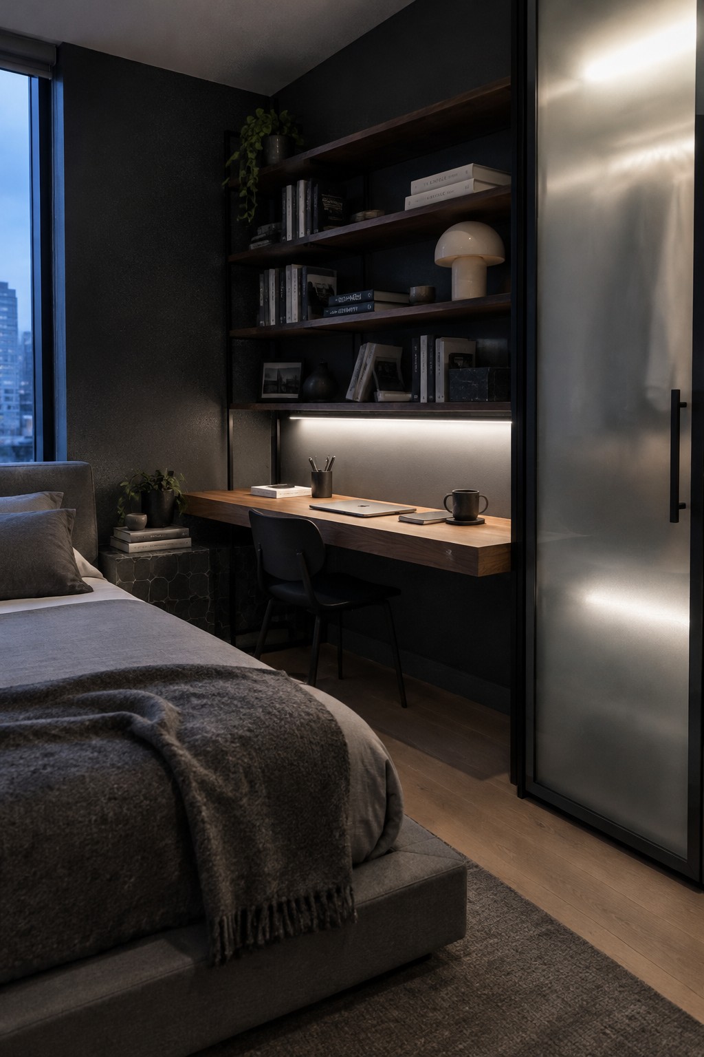 Modern dark bedroom with floating wood desk, bookshelves, bed, and city window view.