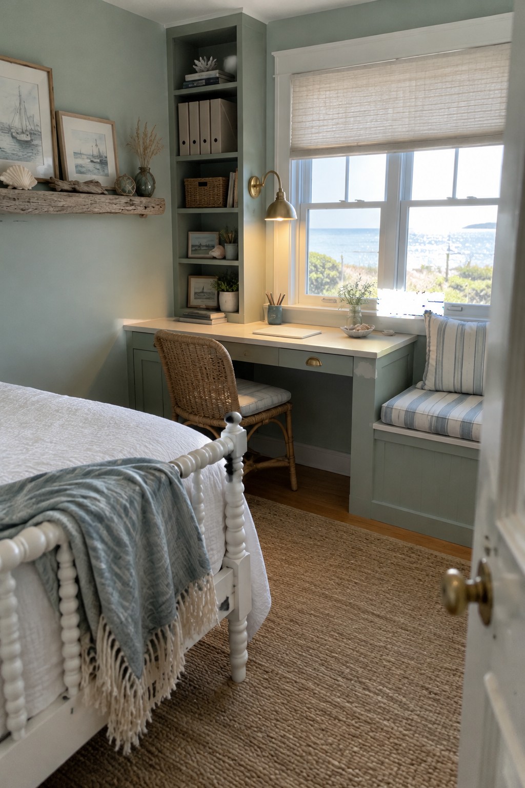Coastal bedroom with sage green built-in desk, wicker chair, ocean window, and white bed