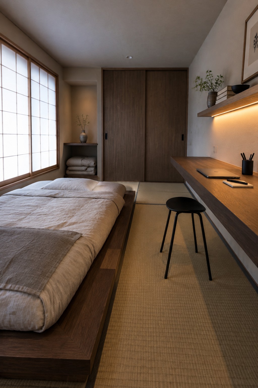 A minimalist bedroom with a low wooden platform bed on tatami mats and a long floating desk along the right wall with under-shelf lighting, a laptop, and a black stool.