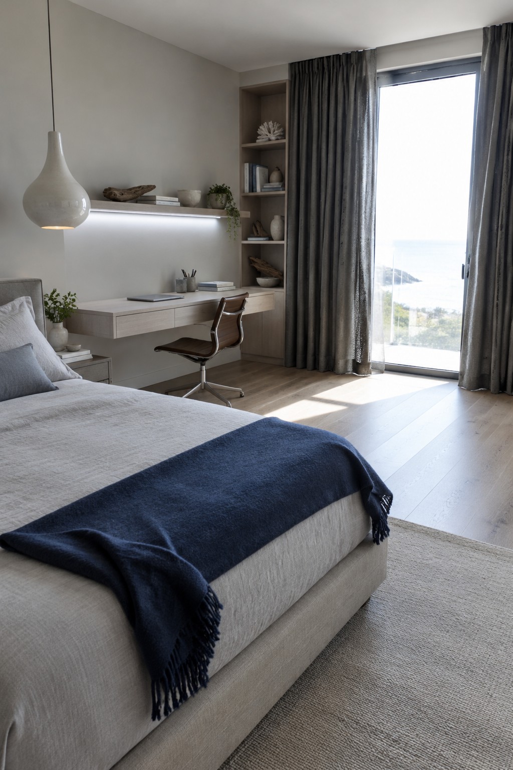 A bedroom interior with a large bed in the foreground, a floating desk and office chair against the wall, built-in shelves, a pendant light, and a large window with gray curtains.