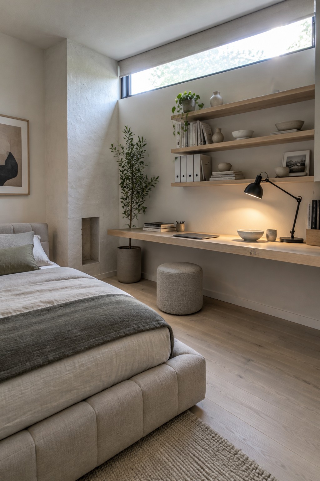 Minimalist bedroom with beige bed, floating wooden shelves, black desk lamp, and potted plant.