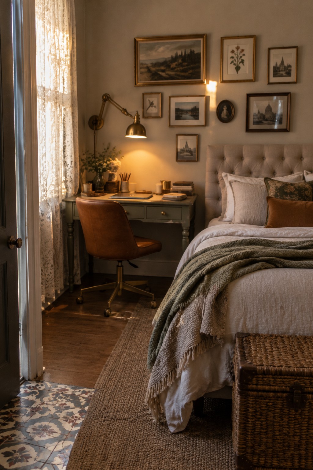 A bedroom with a sage green desk, brown leather swivel chair, wall-mounted brass swing arm lamp, and a bed with white bedding and a green throw blanket.