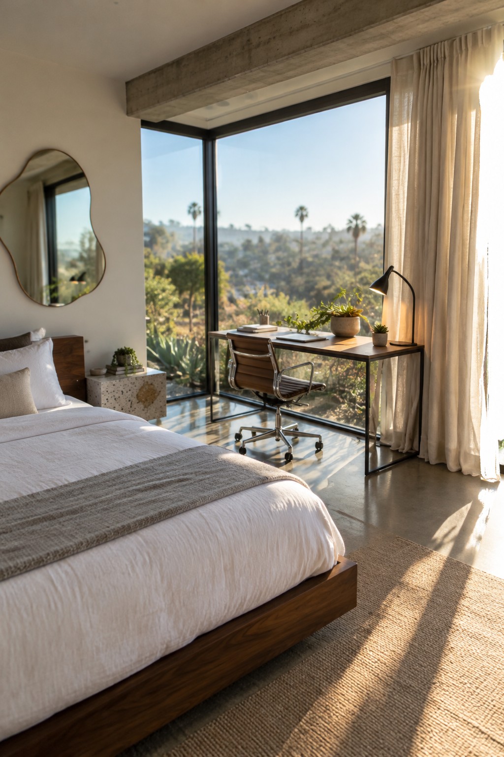 Modern bedroom with white bed, wooden desk, and palm tree views through large windows.