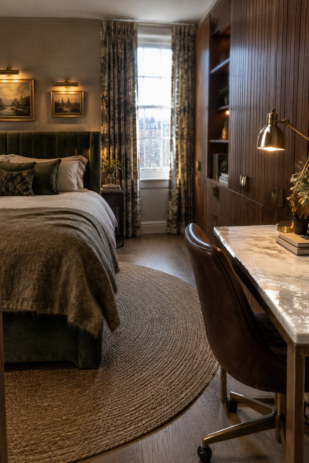 A bedroom with a green velvet bed on the left and a marble desk with brown leather chair and lit brass task lamp on the right, next to built-in wood cabinetry.