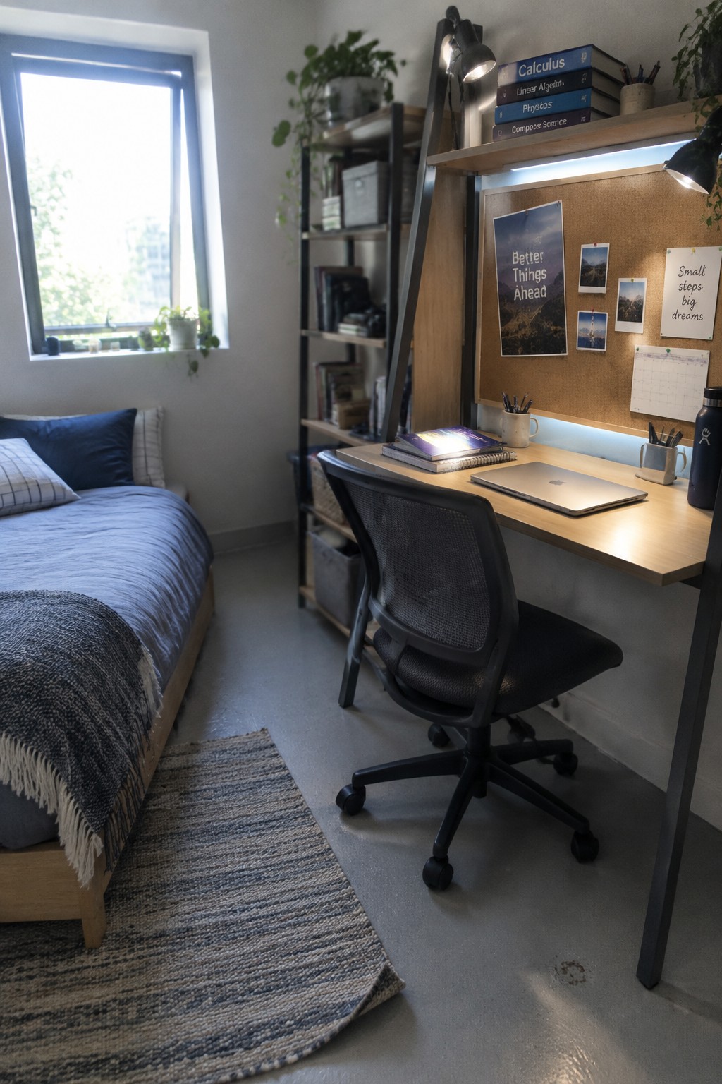 A small bedroom with a bed on the left and a wooden desk on the right, featuring a black mesh office chair, laptop, books, and dedicated lighting from under-shelf LEDs and two black lamps.