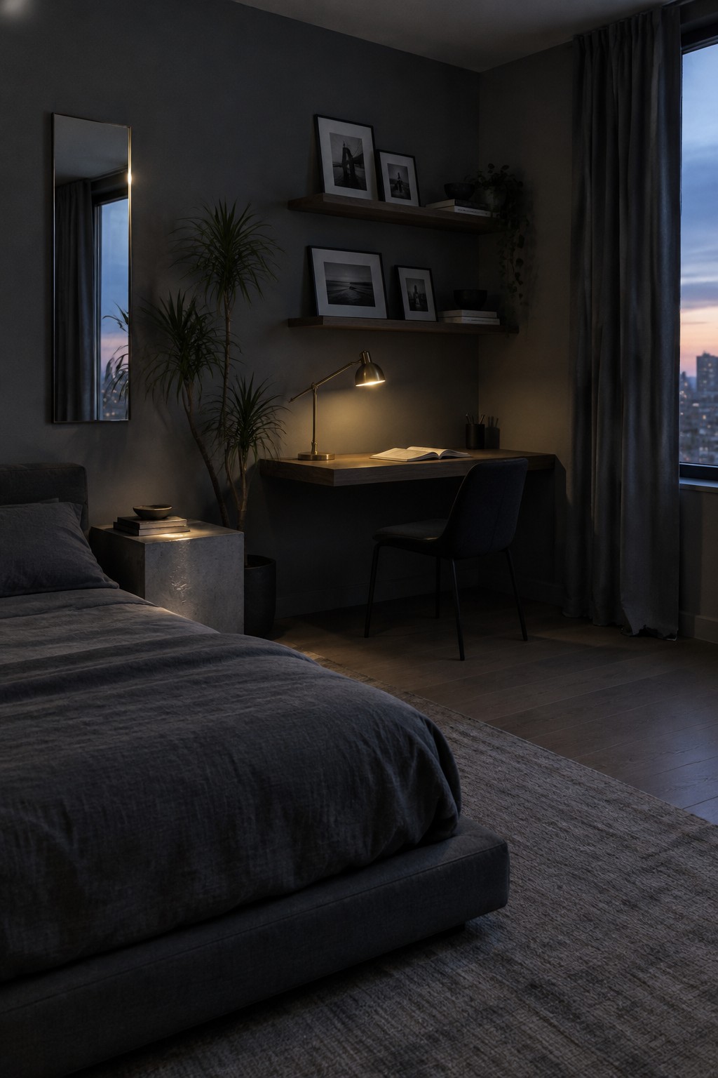 A bedroom with a dark gray bed, a wooden floating desk holding an open book and lit brass task lamp, floating shelves with framed photos above the desk, potted plants, and a large window with a city view at dusk.