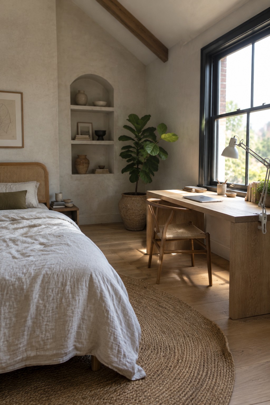 A bedroom with a bed on the left and a light wood desk with chair, laptop, and white adjustable desk lamp placed in front of a large black-framed window.