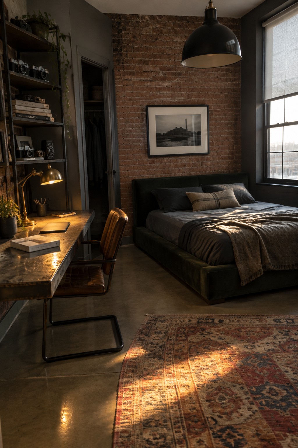 A bedroom interior with exposed brick wall, dark green bed, wooden desk with lit brass task lamp, leather chair, and large window.