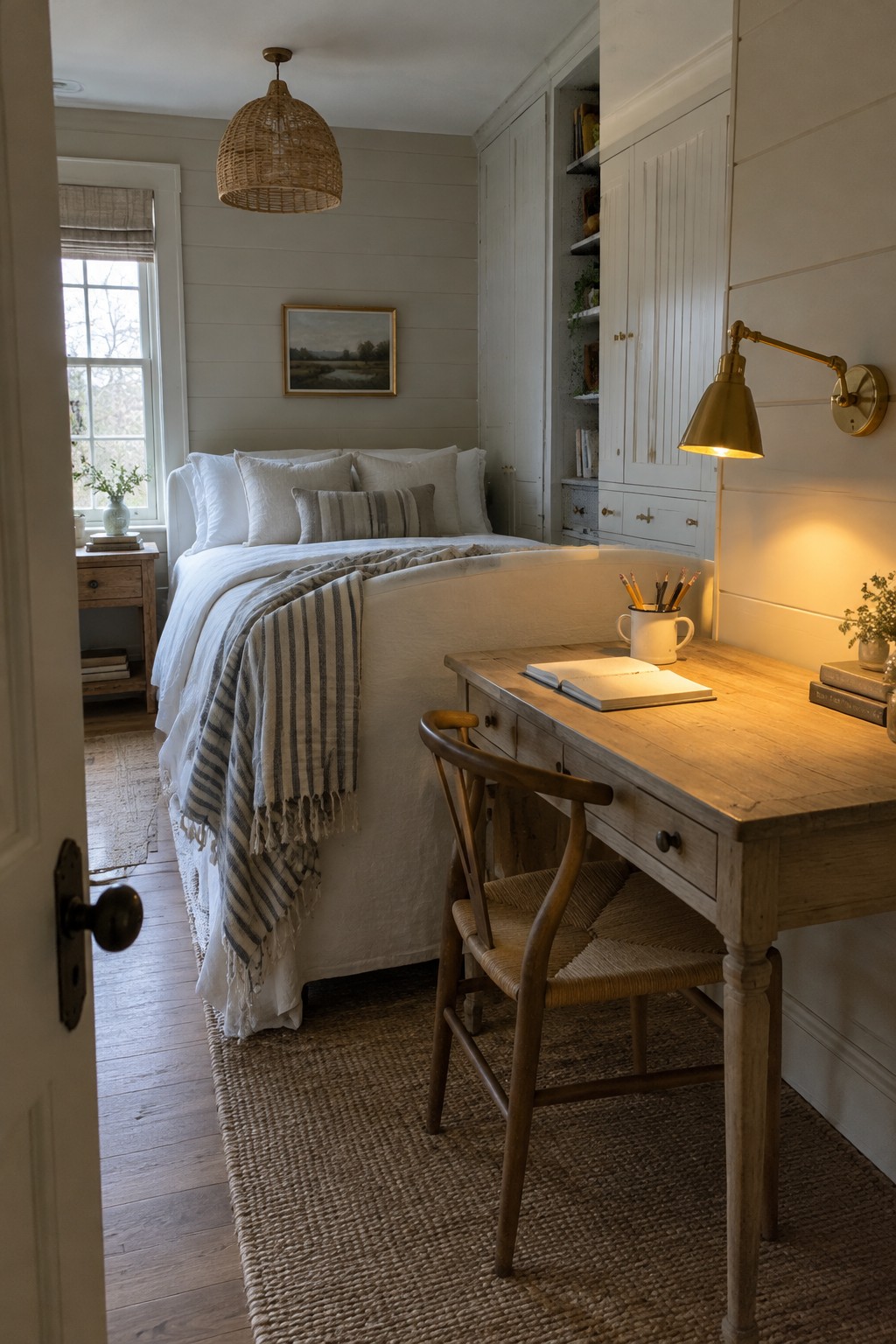 A bedroom interior showing a wooden desk against white paneled walls with a brass wall-mounted swing arm lamp illuminating an open notebook and pencil cup, next to a bed with white bedding and striped throw.