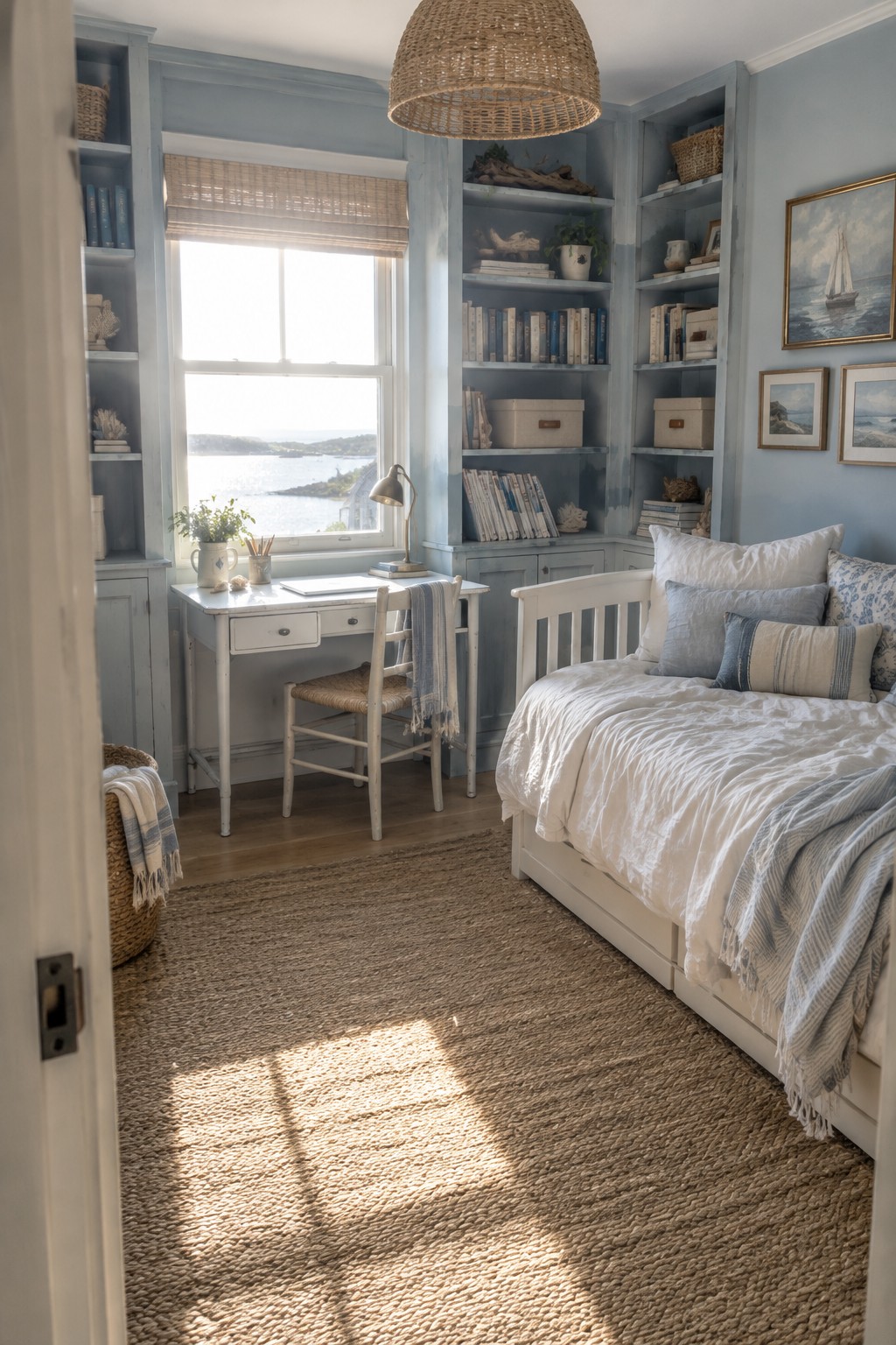 A light blue bedroom with built-in bookshelves flanking a window above a white desk, a woven chair, and a bed with white and blue bedding on a jute rug.