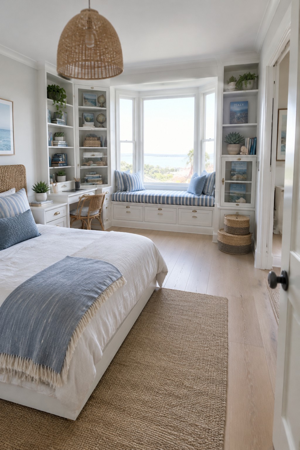 Bright coastal bedroom with white bed, blue accents, window seat, and built-in bookshelves.