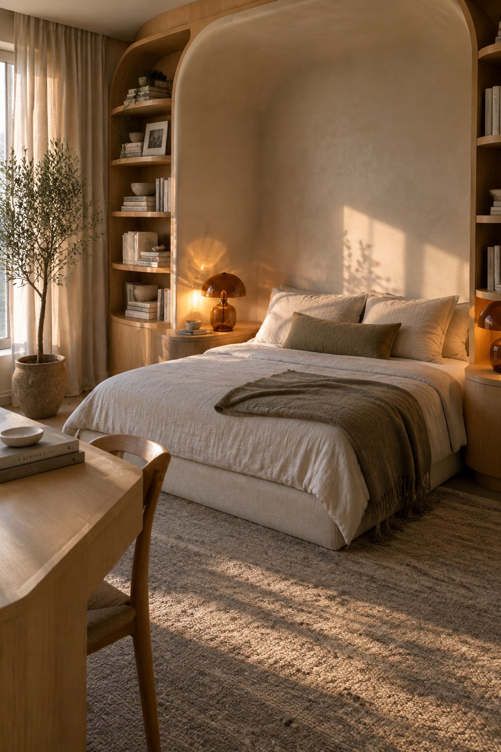 A bedroom featuring a bed placed inside a large arched alcove lined with curved wooden built-in bookshelves filled with books, with a wooden desk and chair visible in the foreground on a textured rug.