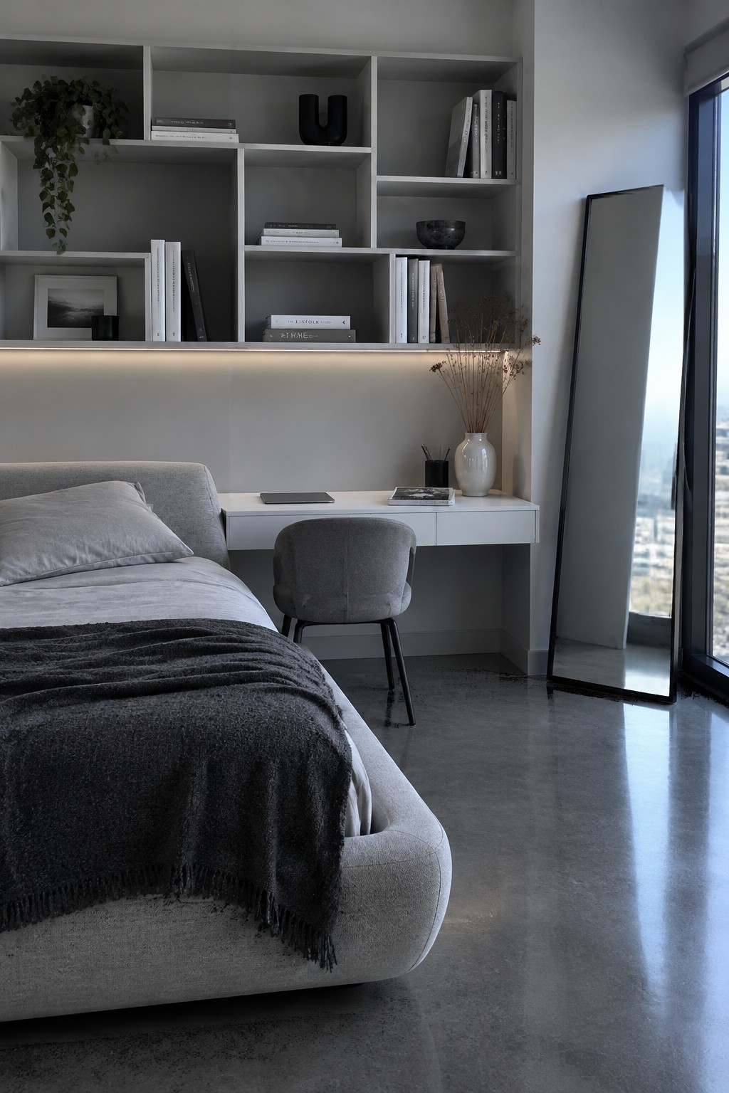 A modern bedroom with a light gray bed, a white built-in desk and chair beneath white shelving filled with books, a tall mirror on the right, and a city view through the window.