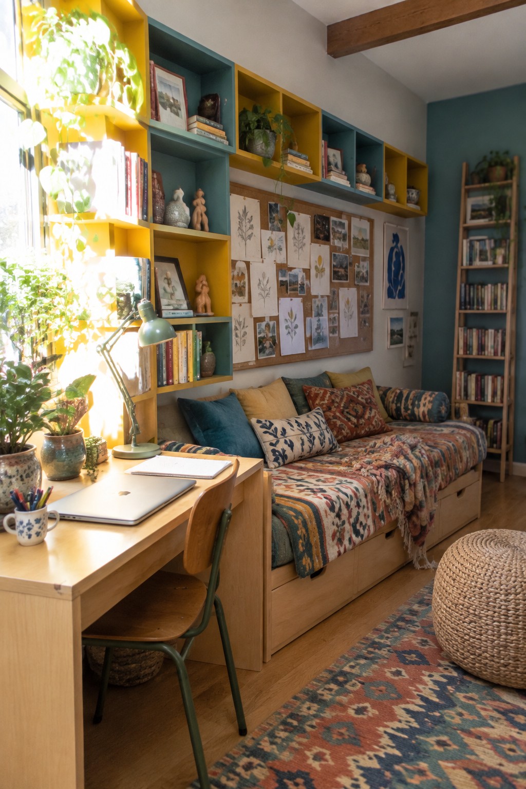 A bedroom with colorful built-in yellow and teal shelves filled with books and plants, a wooden desk with a laptop, and a daybed with patterned bedding and pillows.