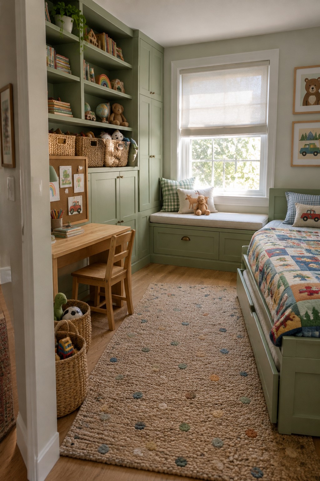 Cozy child's bedroom with sage green built-ins, wooden desk, window seat, and patchwork quilt.