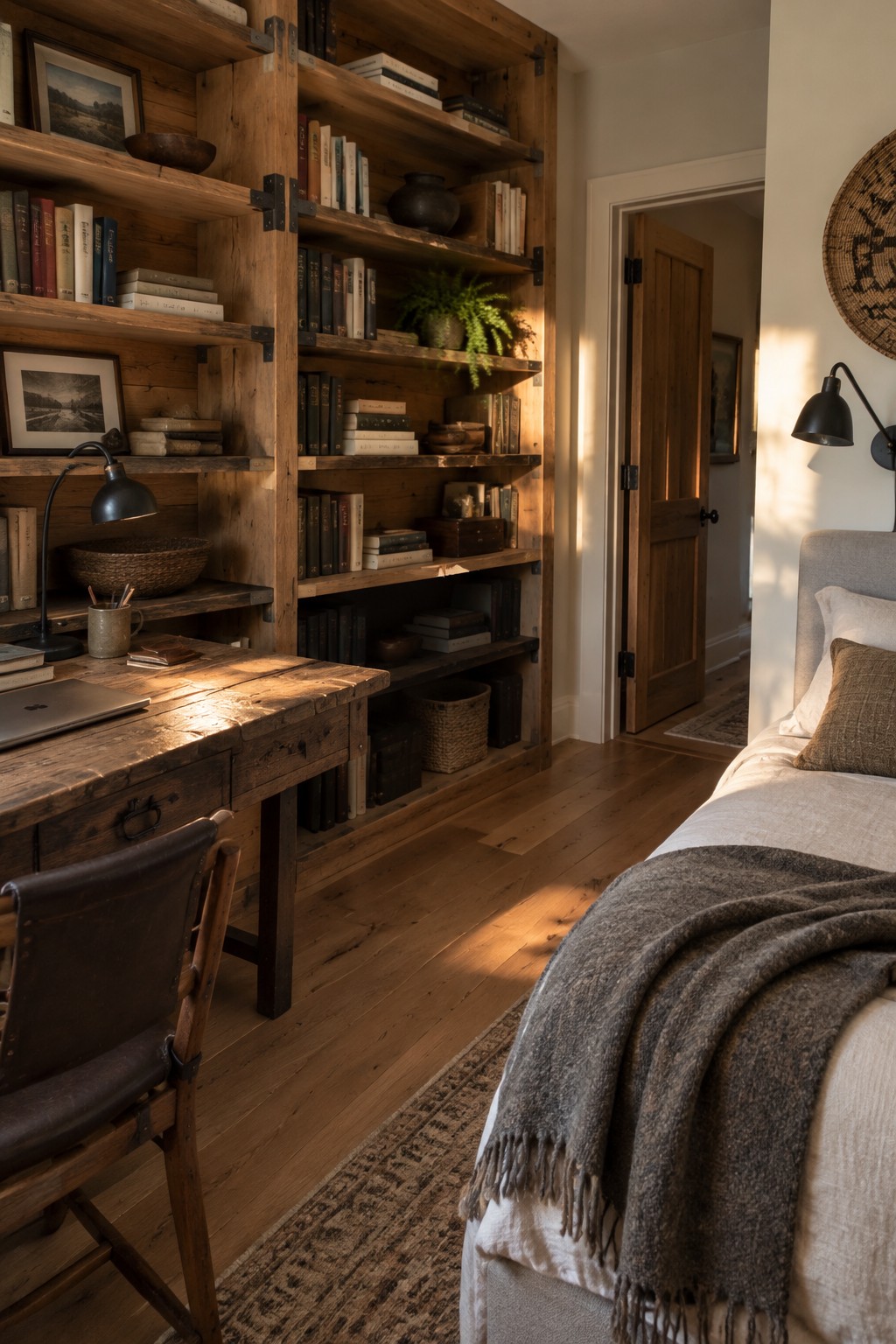 A bedroom interior showing a large wooden built-in bookshelf wall filled with books, a rustic wooden desk with a laptop and chair in front, and part of a bed with neutral linens.