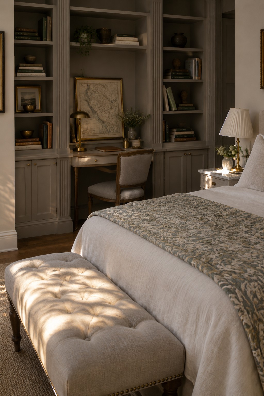 A bedroom with a large bed in the foreground and a built-in desk and bookcase unit along the back wall filled with books, a framed map, and a desk chair.