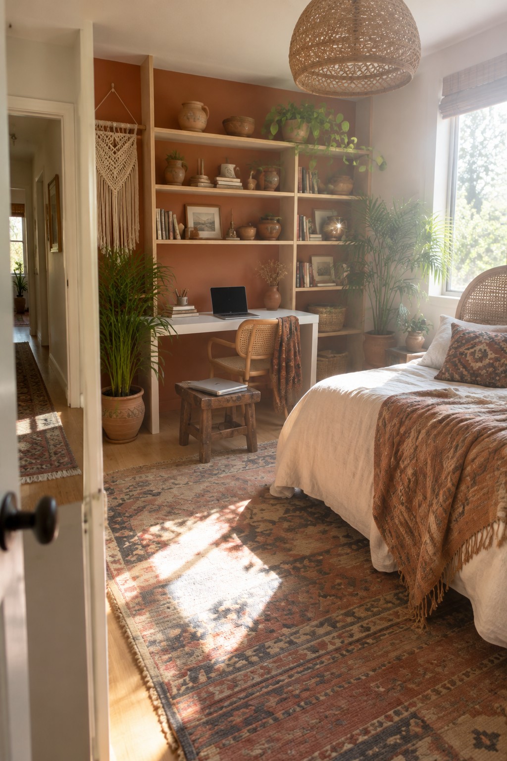 A bedroom interior showing a white desk set against a terracotta wall with extensive built-in wooden shelving filled with books, plants, and pottery, positioned beside a bed with white linens and a patterned throw.