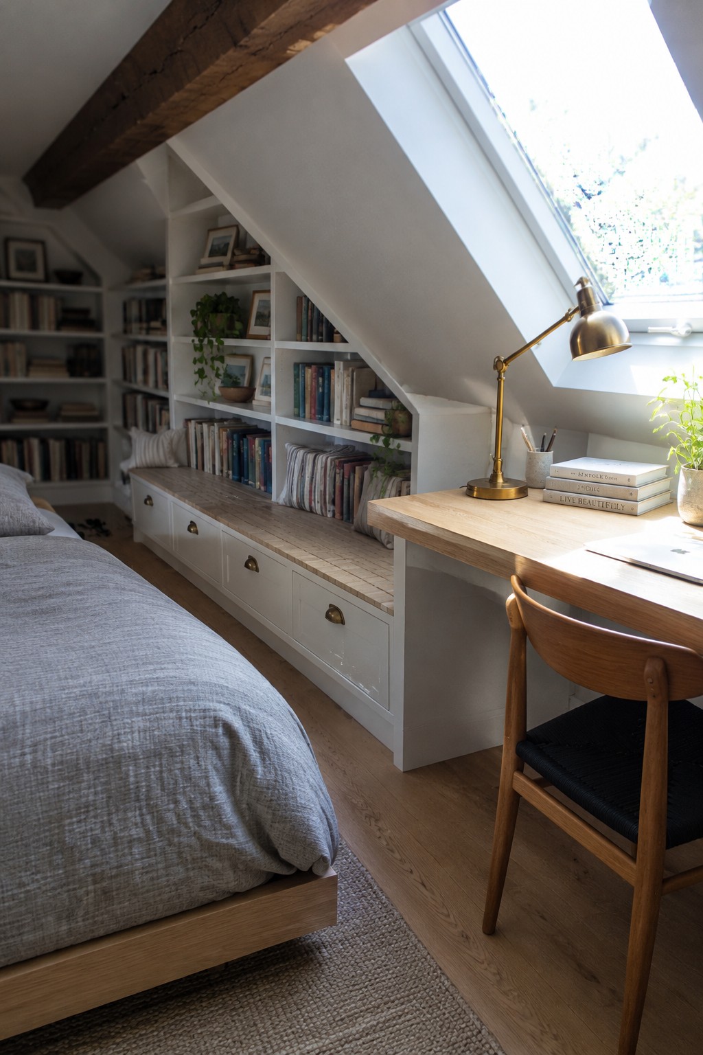 A bedroom with a low wooden bed, built-in white bookshelves and cabinets along a sloped wall filled with books, and a wooden desk with chair positioned under a skylight.