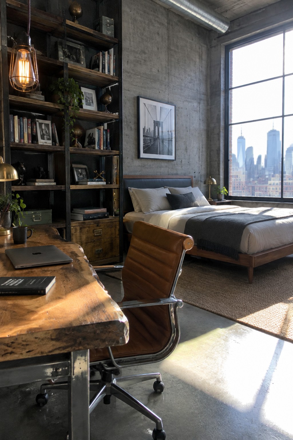 A bedroom with a large wooden desk and brown leather office chair positioned in front of tall industrial-style bookshelves filled with books, next to a bed and large window.