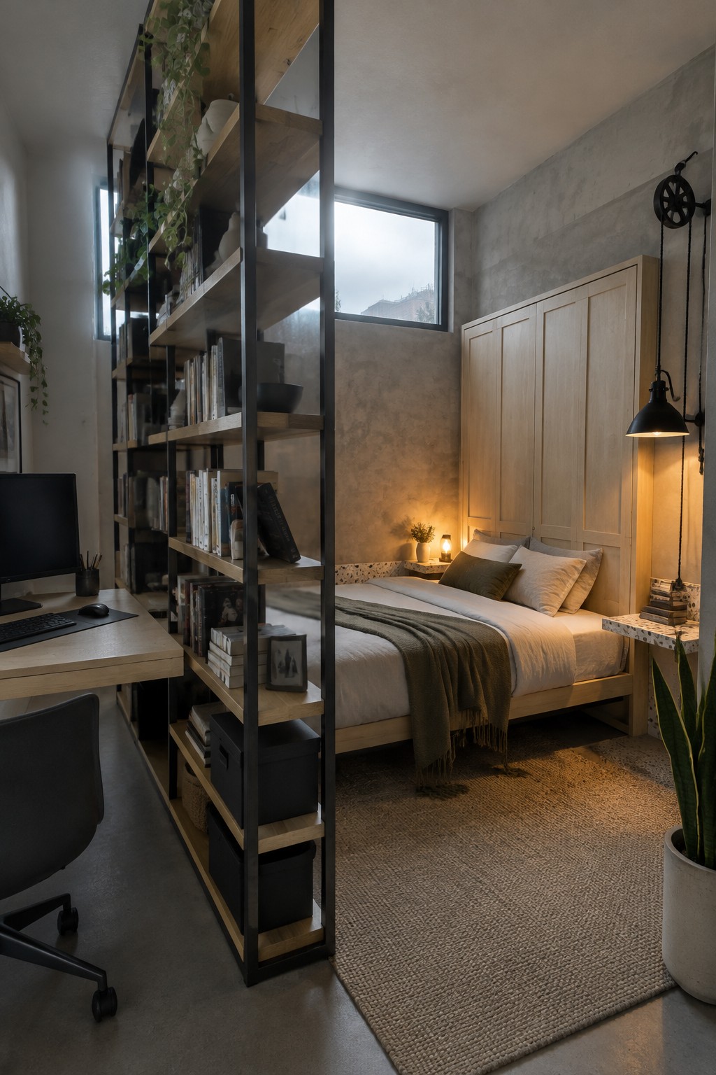 Modern bedroom with wooden bed, bookshelf divider, desk, wardrobe, and concrete walls